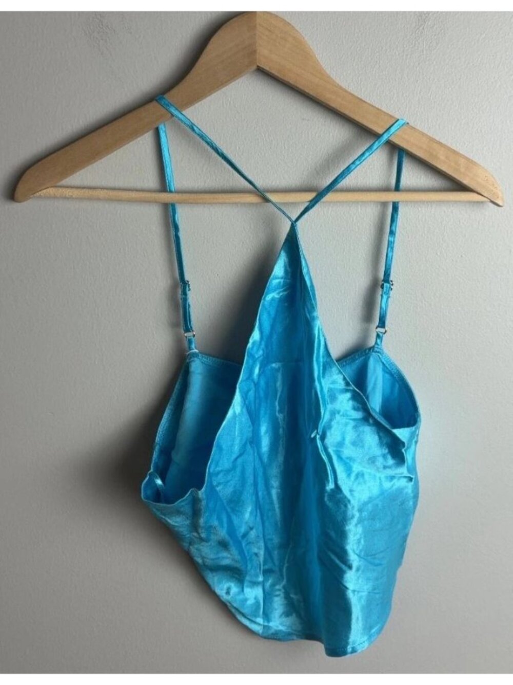 NWT Bershka Bright Blue Satin Camisole Top Size Large Crisscross Straps Women’s